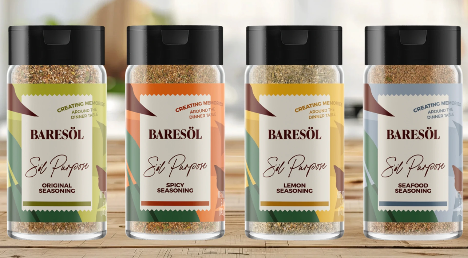 BareSöl Spice Co seasoning jars arranged on a wooden kitchen counter