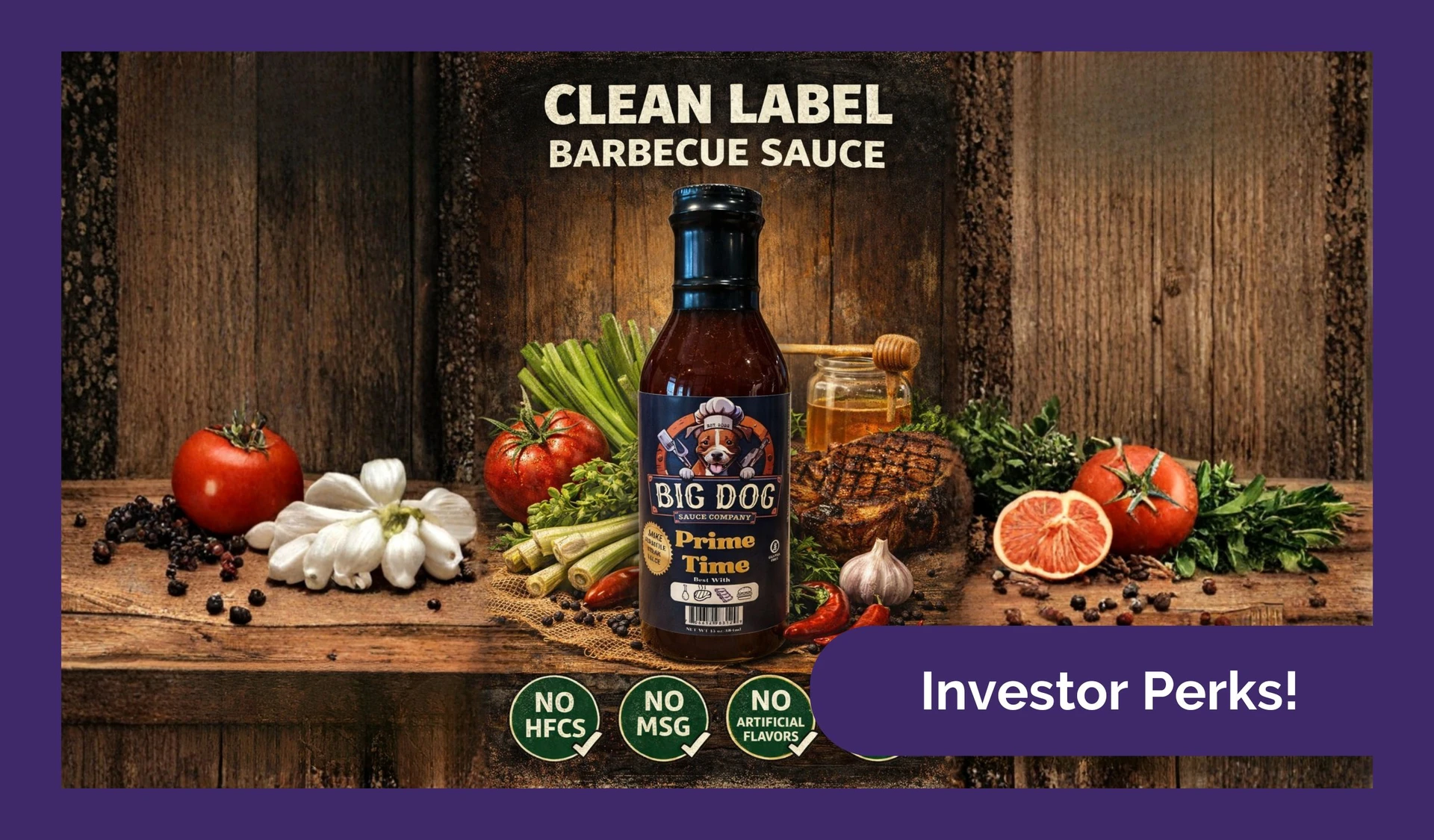 Bottles of Big Dog Sauce Company BBQ sauce arranged on a wooden table