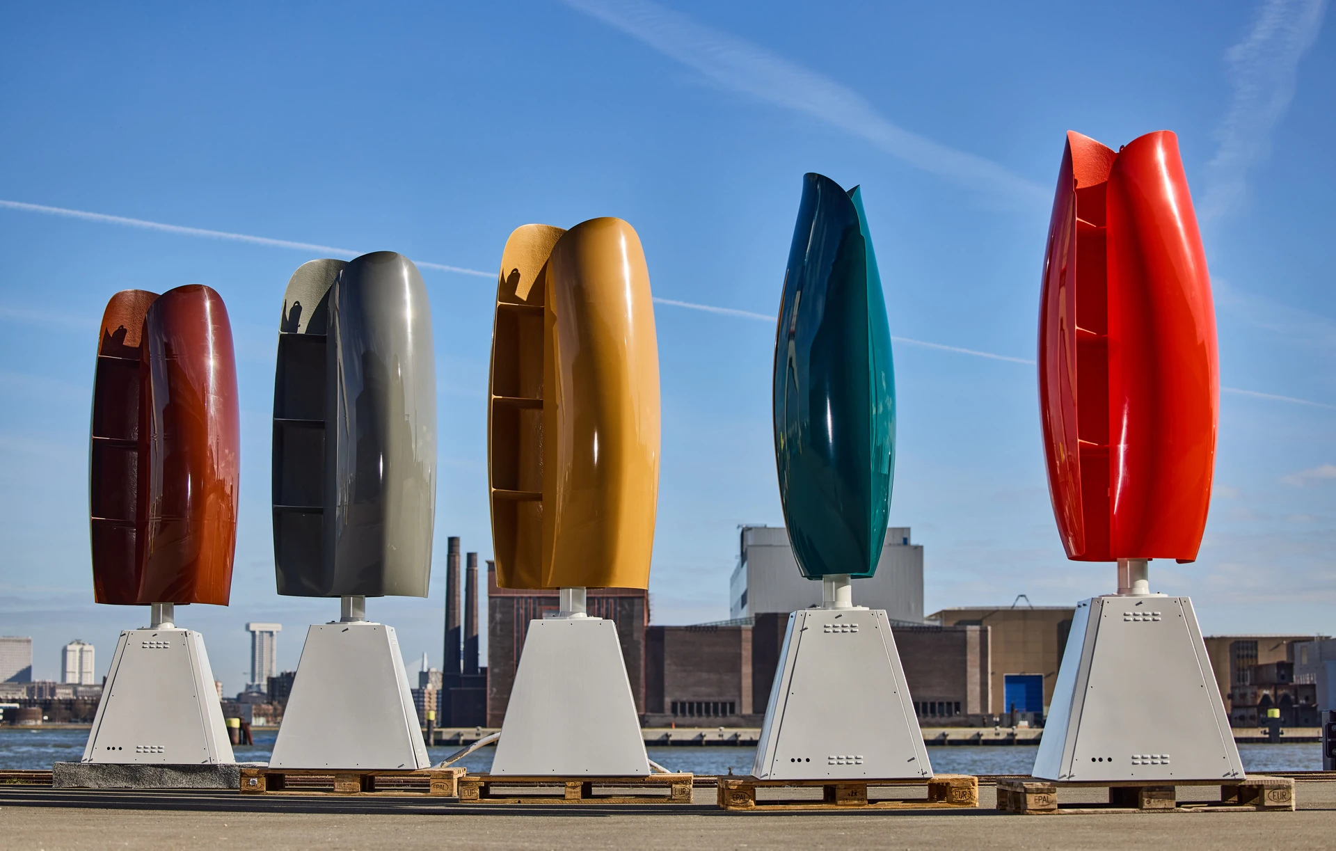 Cluster of vertical-axis Flower Turbines arranged in a tulip-shaped bouquet configuration