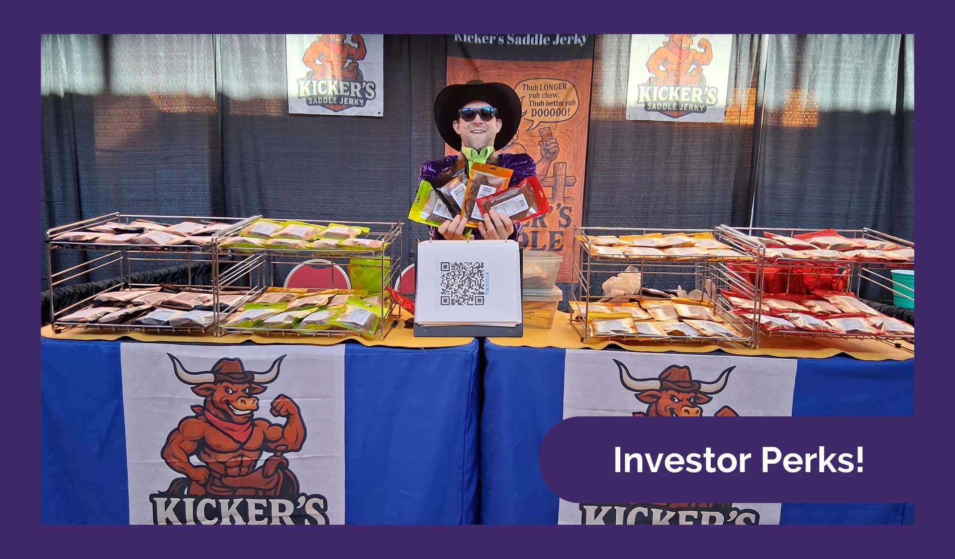 Packaged pouches of Kicker's Saddle Jerky lined up on a wooden surface