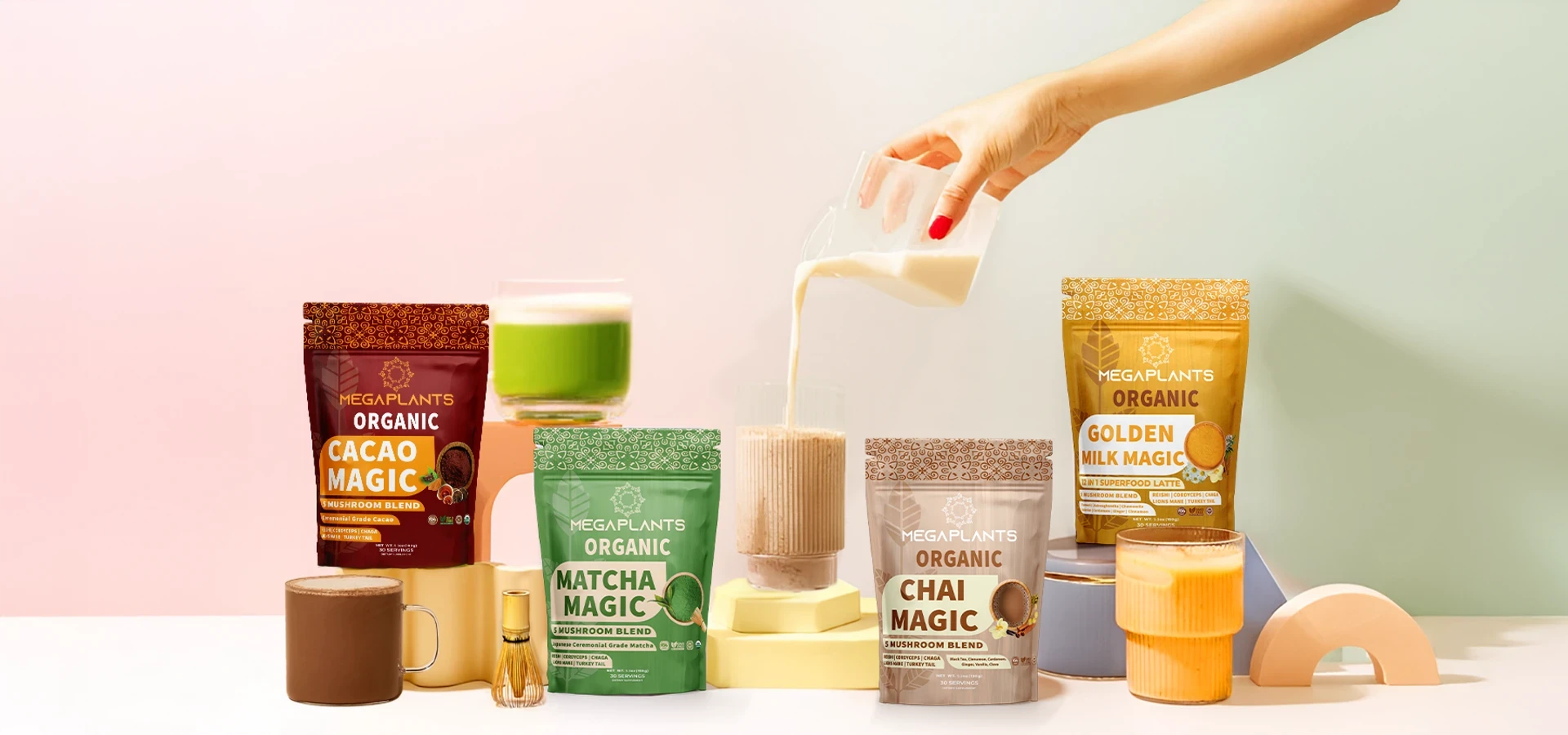MegaPlants superfood blend canisters arranged on a kitchen counter