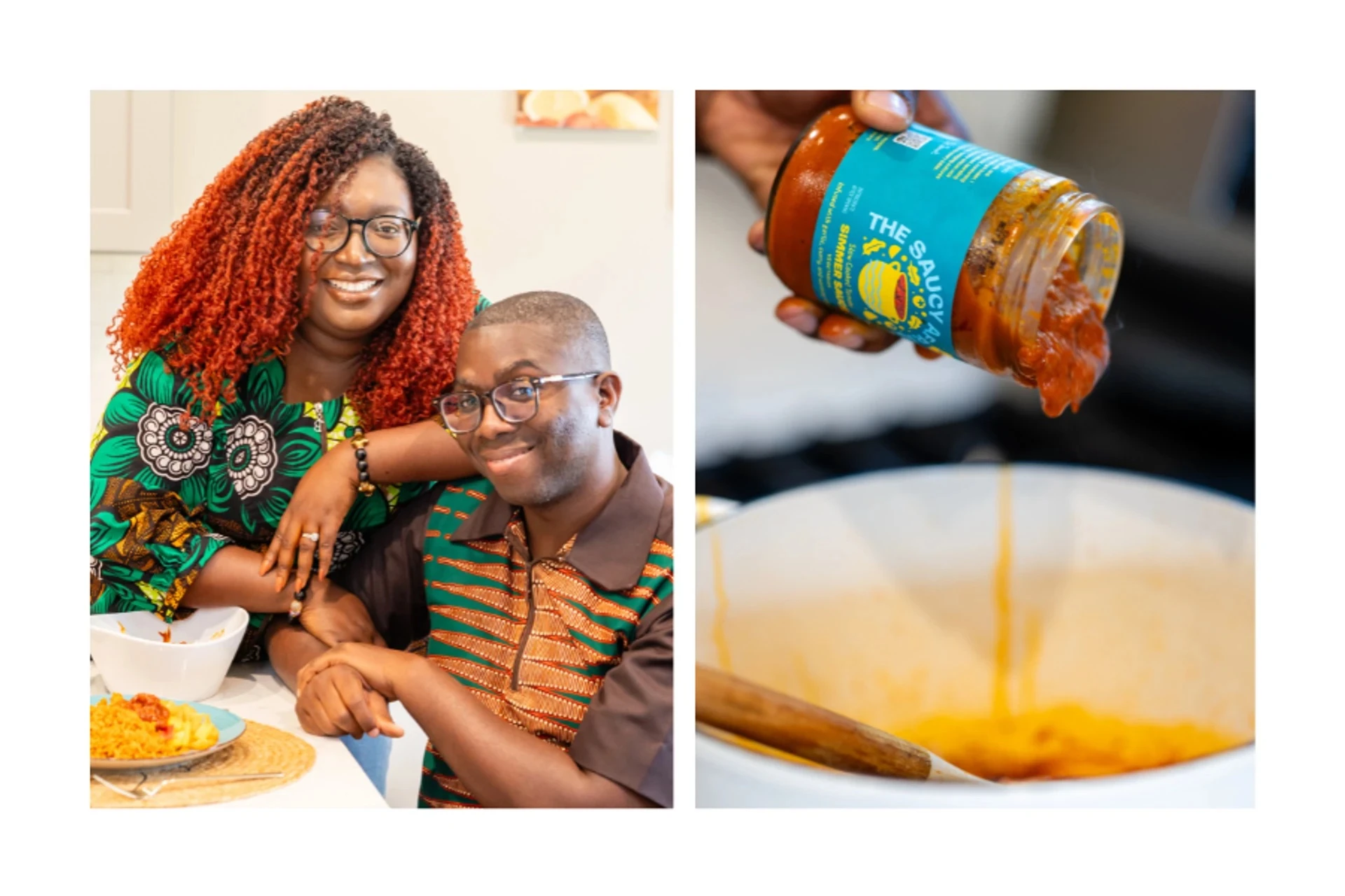Jars of The Saucy African simmer sauce arranged on a wooden surface with fresh ingredients